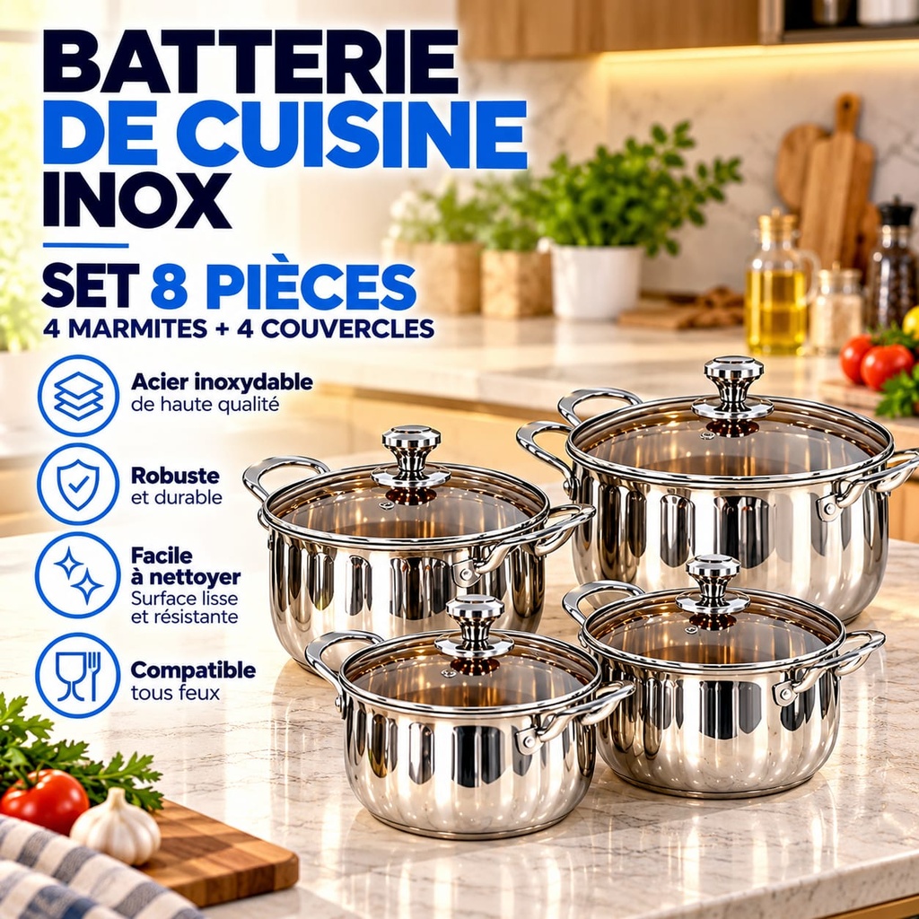 Batterie de Cuisine Inox — Set 8 Pièces | 4 Marmites + 4 Couvercles