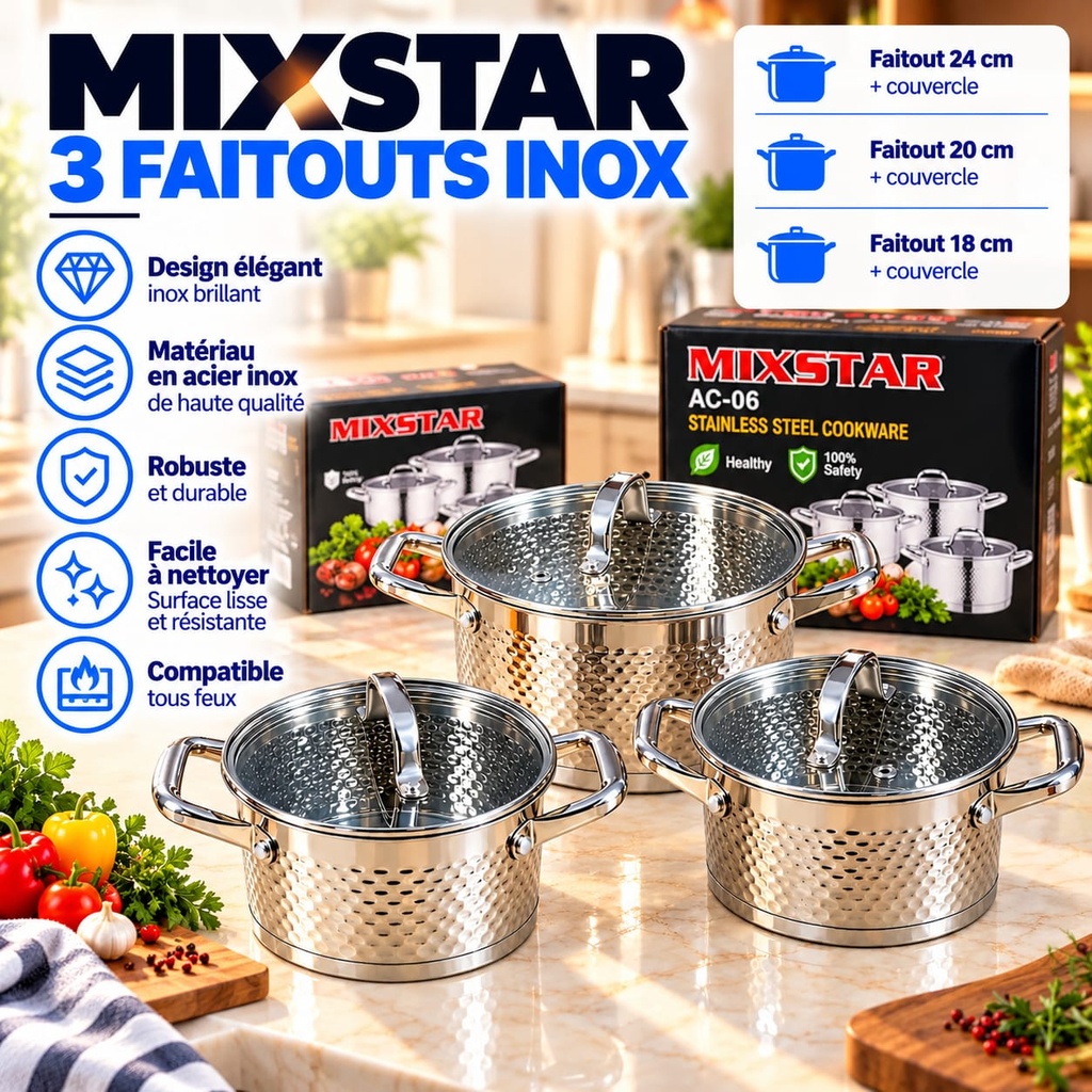 MIXSTAR – Set de 3 Faitouts Inox avec Couvercles