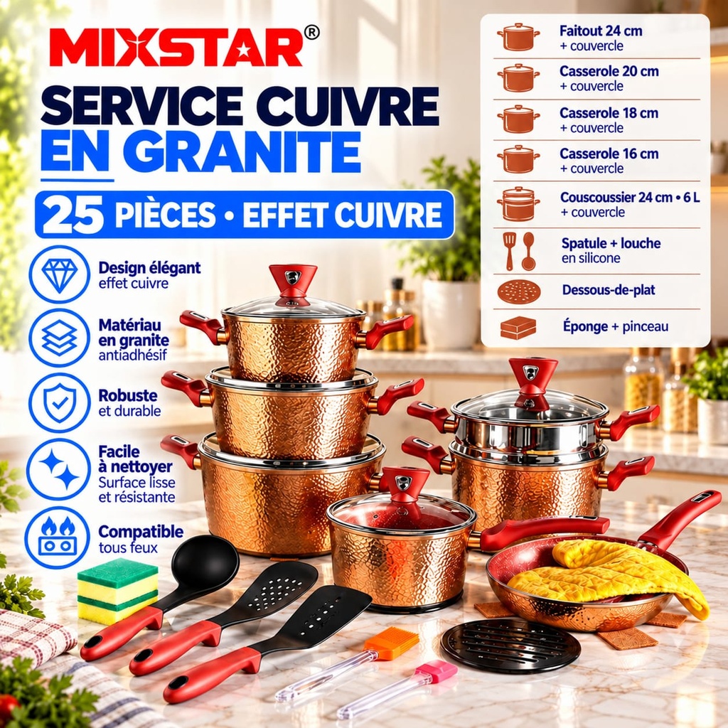 MIXSTAR Service Cuivre 25 Pièces — Batterie de Cuisine Premium Effet Cuivre Martelé
