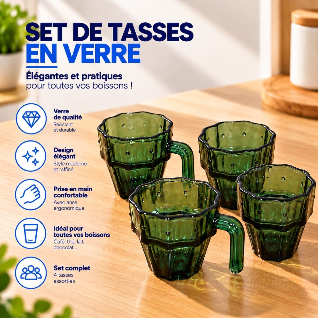  lot de 4 tasses et verres verts en forme de cactus