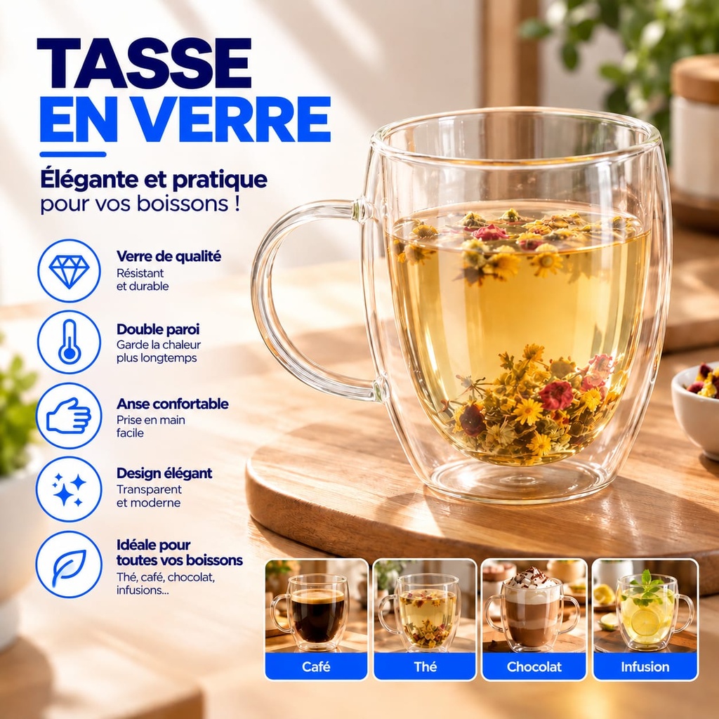 Tasse en Verre à Double Couche Avec Décoration de Fleurs Sèches