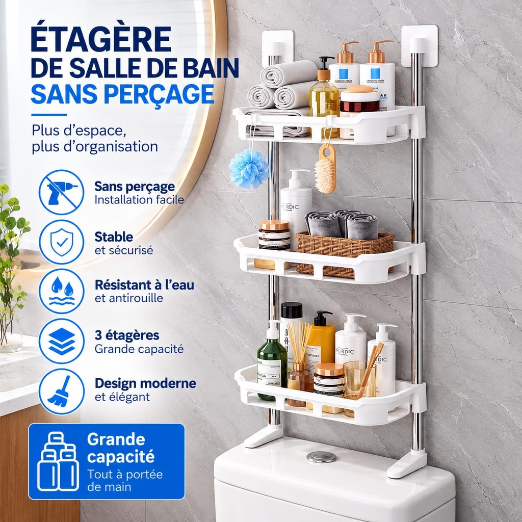 Étagère de salle de bain à 3 niveaux