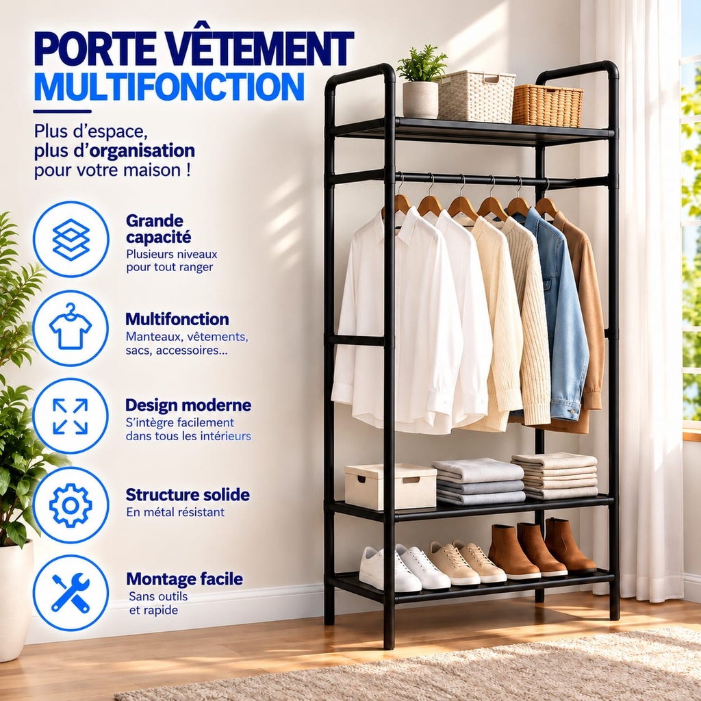 Portant vêtements Et Organisateur à 4 Niveaux de Rangement