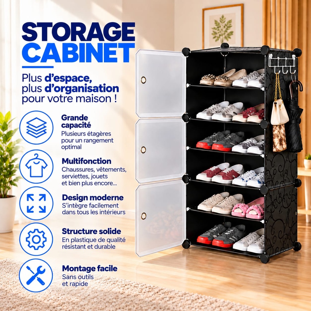 Porte-Chaussures En Plastique-6 Etagères- Noir