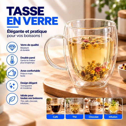 Tasse en Verre à Double Couche Avec Décoration de Fleurs Sèches