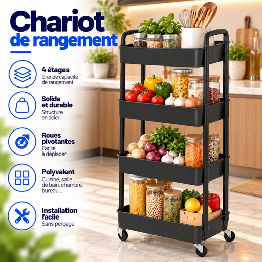 Chariot de Rangement De Cuisine Mobile- 4 Niveaux