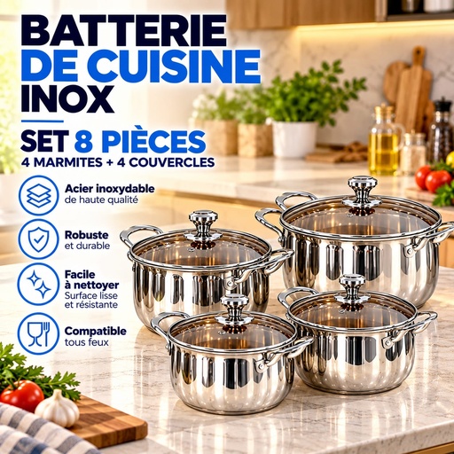 Batterie de Cuisine Inox — Set 8 Pièces | 4 Marmites + 4 Couvercles